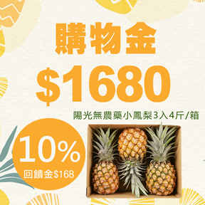 【送旺來】購物金$1680加贈$168+陽光無農藥小鳳梨3入(4斤)/箱