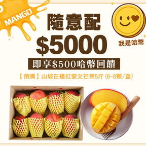 HUG隨意配（購買NT$5000，即得$500哈幣回饋）加贈屏東枋山｜山坡在欉紅愛文芒果5斤(6~8顆/盒)