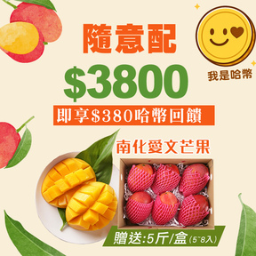 HUG隨意配（購買NT$3800，即得$380 哈幣回饋）加贈外銷級南化愛文芒果5斤(5~8入)/盒