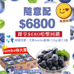 HUG隨意配（購買NT$6800，即得$680哈幣回饋）+贈（大顆Jumbo）美國空運生鮮藍莓(125g/盒)/12盒裝