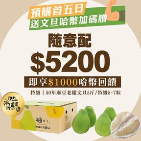 【預購首五日】HUG 隨意配（購買NT$5200，即得$1000哈幣回饋）加贈特級麻豆老欉文旦5~7粒/5斤盒