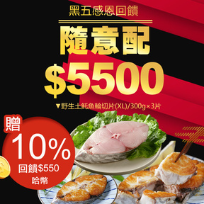 【黑五感恩慶】HUG 隨意配（購買NT$5500，即得$550哈幣回饋）+贈澎湖野生土魠魚(XL)/300g×3包