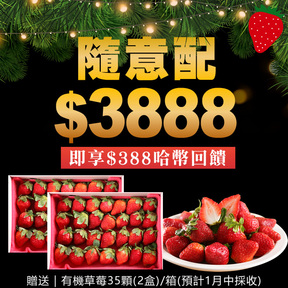 HUG隨意配（購買NT$3888，即得$388 哈幣回饋）+贈苗栗有機草莓35顆(2盒)/箱(一月中採收)